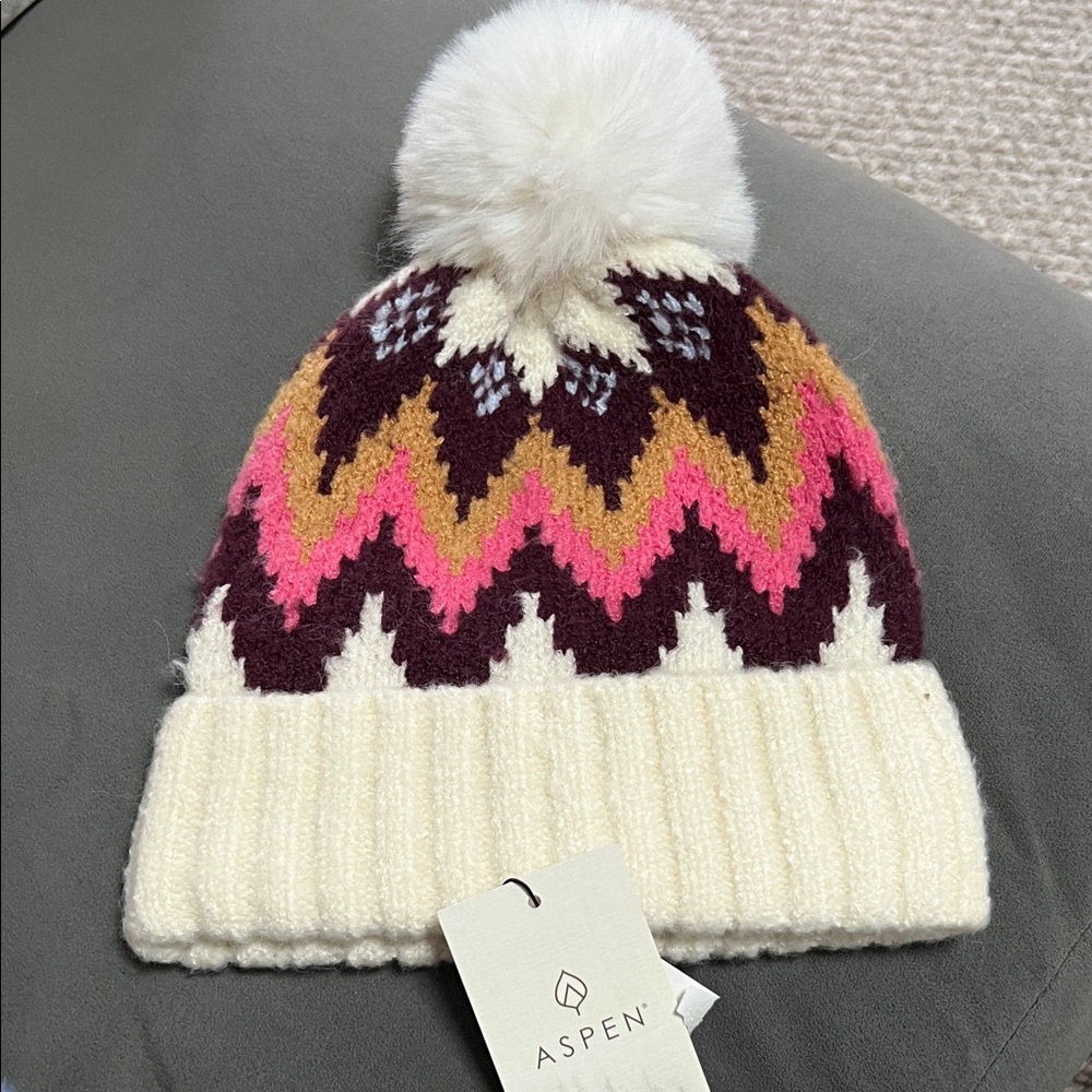 Aspen Pom Beanie in Cream, Burgundy & Pink